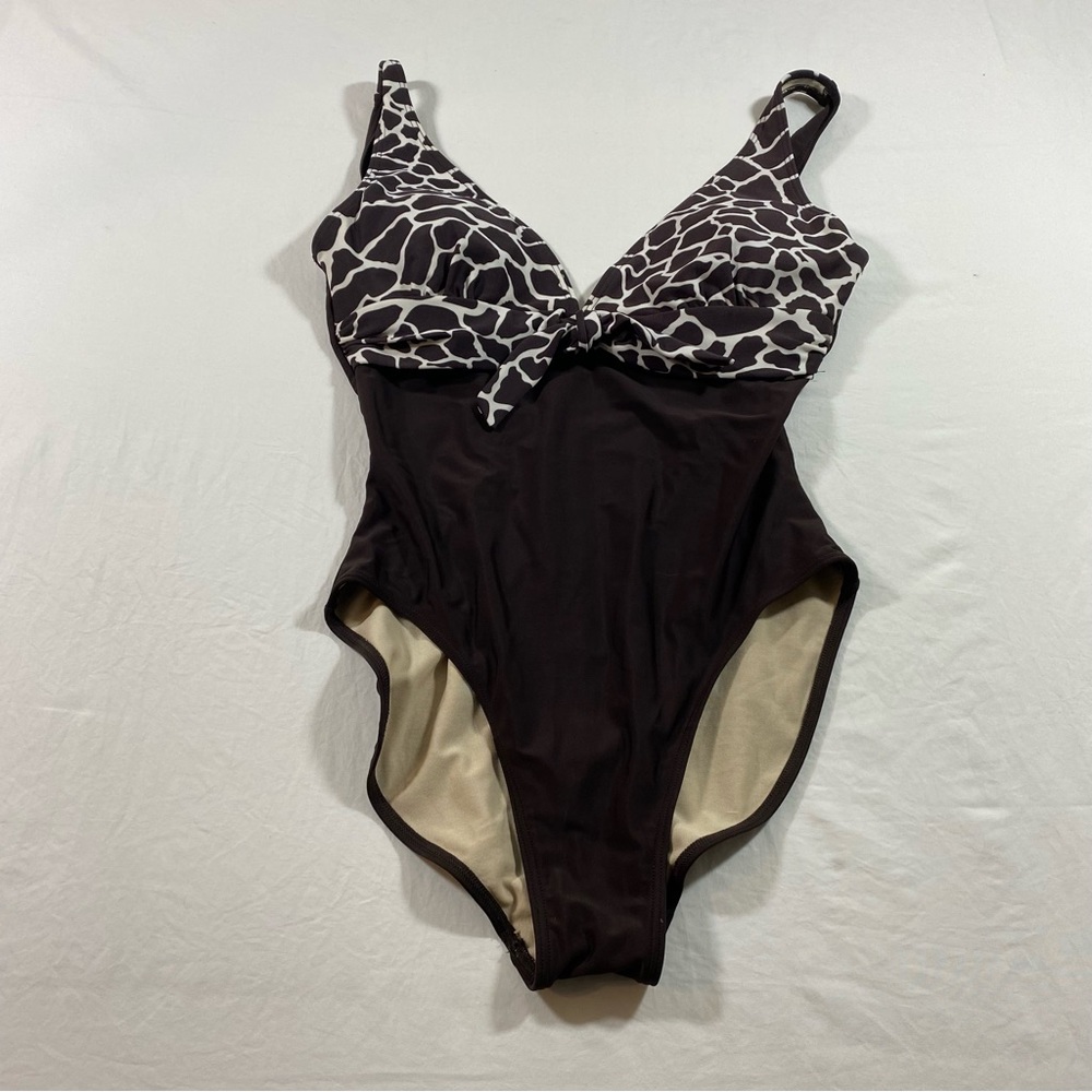 One piece V-neck Swimsuit fully Lined Island Pearl brown Animal print size 10 M